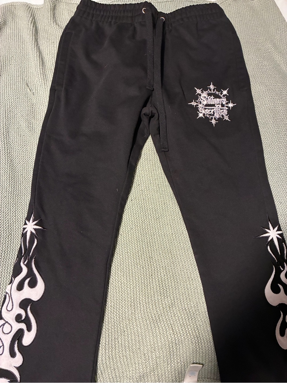 Kids Black Graphic Sweatpants with Flame Accent